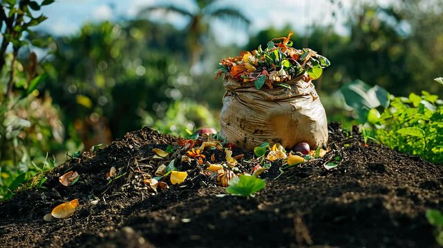 Biodegradable bag decomposing in a compost heap, surrounded by organic waste like fruit peels and leaves	
