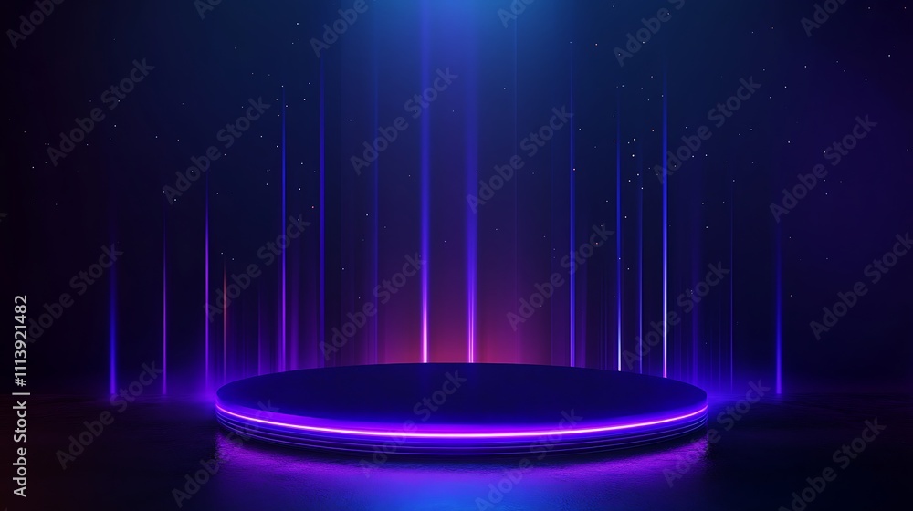 Poster futuristic abstract background with neon lights, colorful rays and circular platform in dark environ
