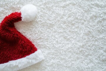 A red Santa hat with a fluffy white trim and pompom, neatly placed on a white background