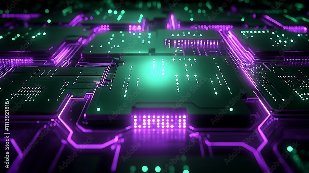 Aufkleber futuristic abstract circuit board design with neon lighting and digital matrix patterns in dark back