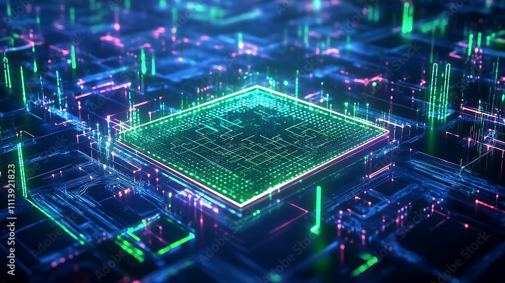 Poster futuristic abstract circuit board with neon lights and glowing elements in digital space environment