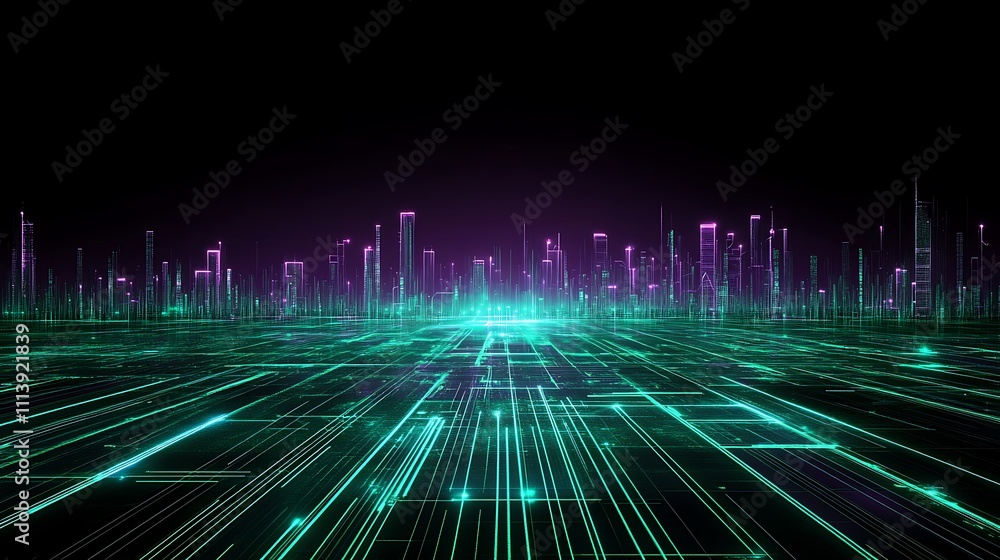 Poster futuristic abstract cityscape with neon lights and digital grid pattern in dark background
