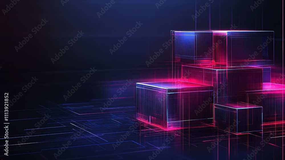 Poster futuristic abstract composition of glowing neon cubes and digital patterns in a dark high-tech envir