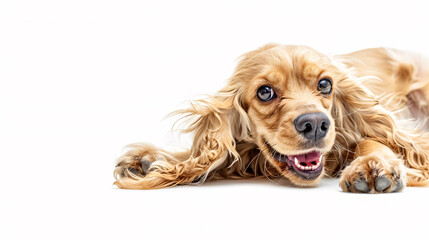 Playful English Cocker Spaniel: A young English cocker spaniel dog posing in a playful manner against a white background.