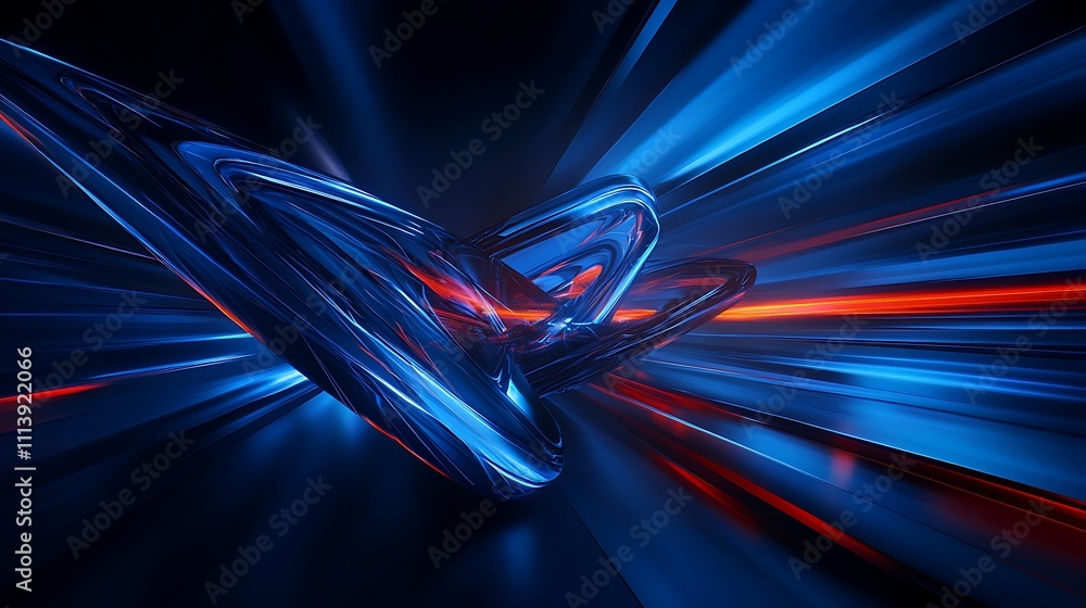 Poster futuristic abstract design with blue and red light trails creating a dynamic motion effect