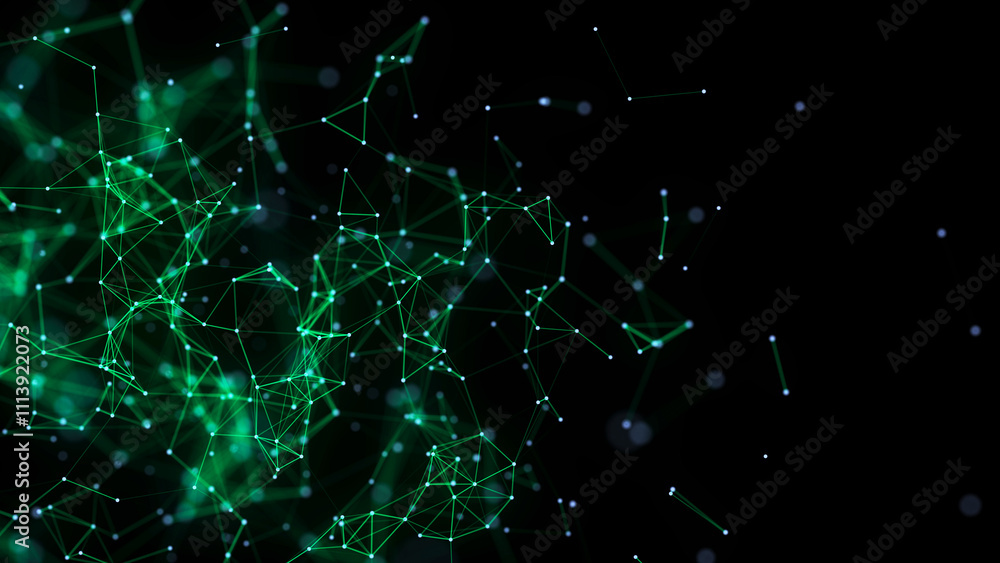 Aufkleber Green abstract background with connection lines, dots and triangles. Technology network connection. Digital structure of particles. 3D rendering.