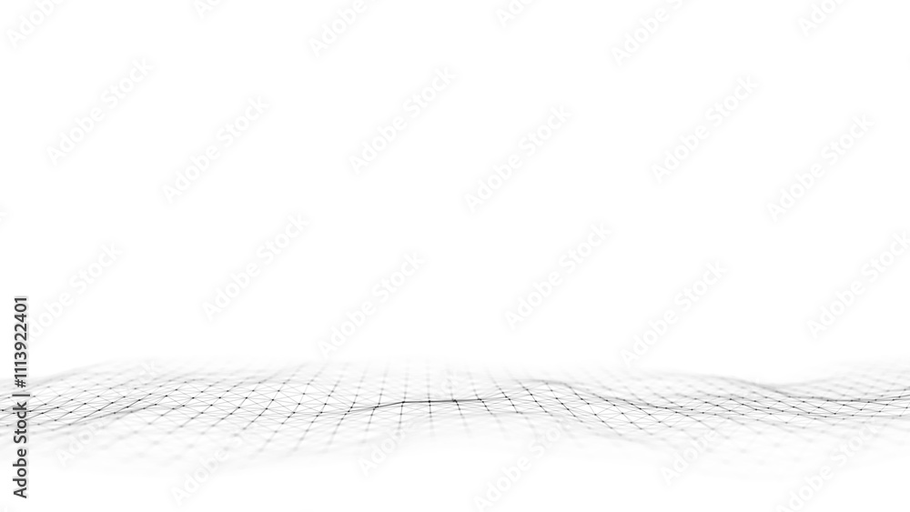 Poster Abstract wave with black points and lines on white background. Science background with moving dots. Network connection technology. Digital structure with particles. 3d rendering.