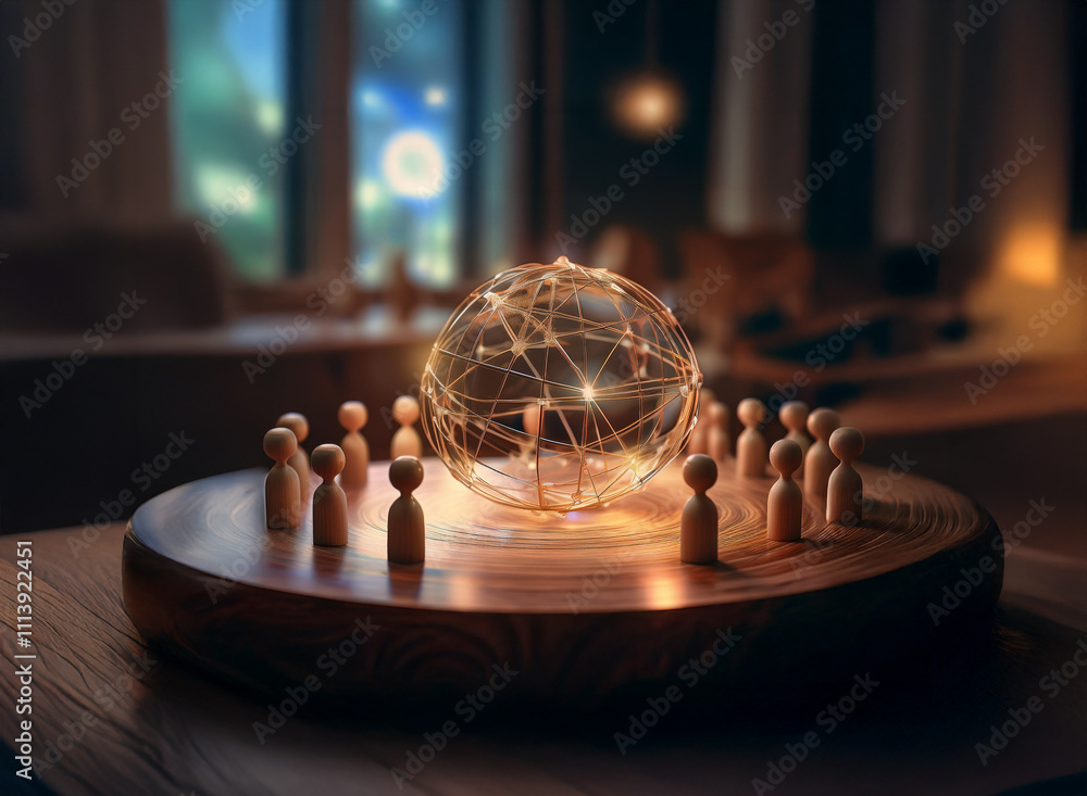 Poster Glowing orb of interconnected lines rests on a wooden base, surrounded by small wooden figures, suggesting global network and community.  A night scene is visible through a window in the background.
