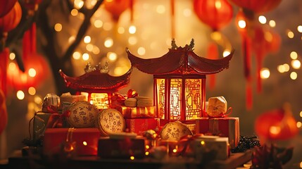 Fototapeta premium Illuminated Chinese lanterns and gifts.