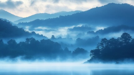 Fototapeta premium Fog or smoke, blue smog clouds on floor, isolated transparent special effect. Vector illustration, morning fog over land or water surface, magic haze. 