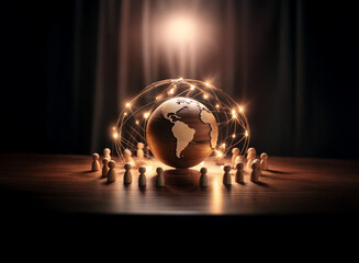 A glowing network envelops a miniature Earth, surrounded by small figures on a wooden surface, symbolizing global connection and community.
