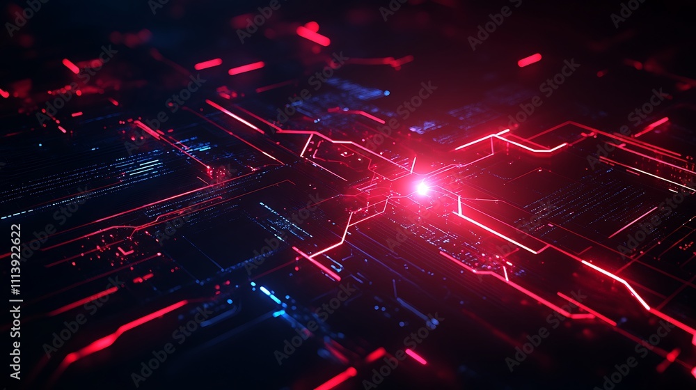 Aufkleber futuristic abstract digital circuit board with neon red and blue light patterns and glowing elements