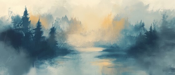 Fototapeta premium Tranquil Misty Landscape at Sunrise: Serene Lake Surrounded by Pine Forest and Soft Watercolor Hues, Perfect for Nature and Relaxation Themes