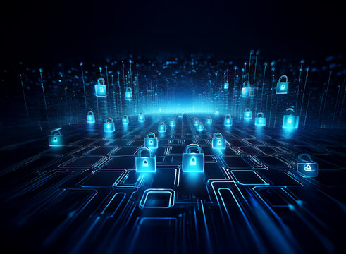 Abstract digital landscape depicting glowing blue padlocks on a circuit board, representing cybersecurity and data protection.  A futuristic, high-tech visualization of digital security.