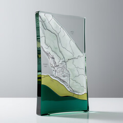 Glass sculpture of Orienteering map with green to tan gradient, smooth glossy finish, showcasing terrain details and craftsmanship, generative ai