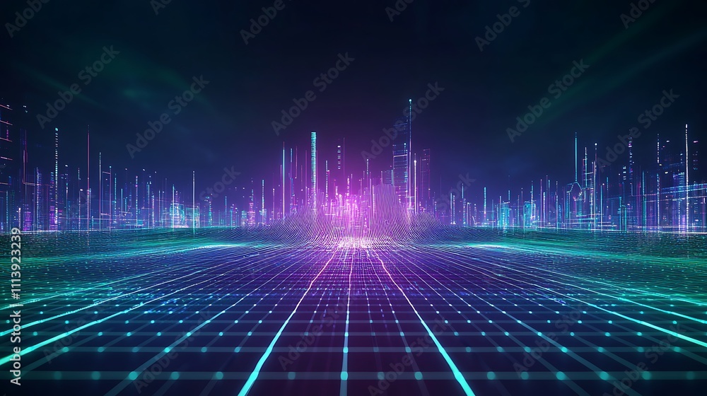 Poster futuristic abstract digital landscape with vibrant colors and grid pattern in 3d space