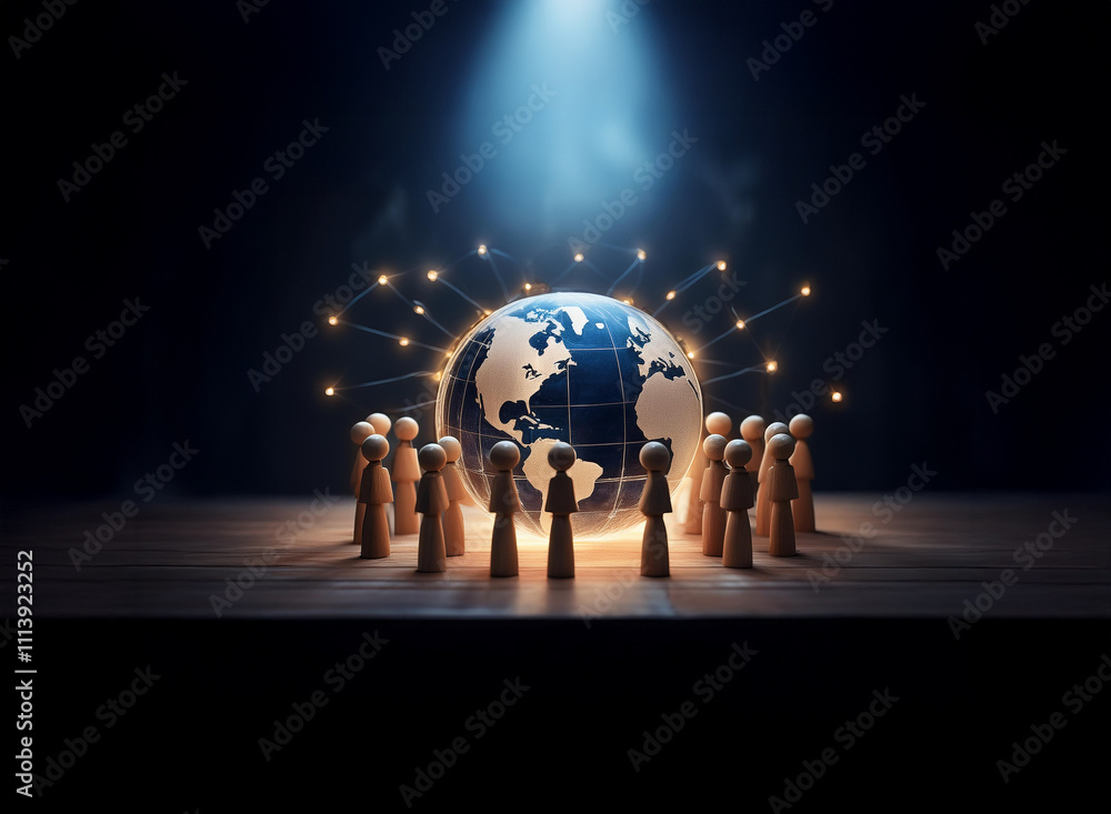 Poster a glowing earth encircled by interconnected nodes, surrounded by wooden figures on a dark surface, s