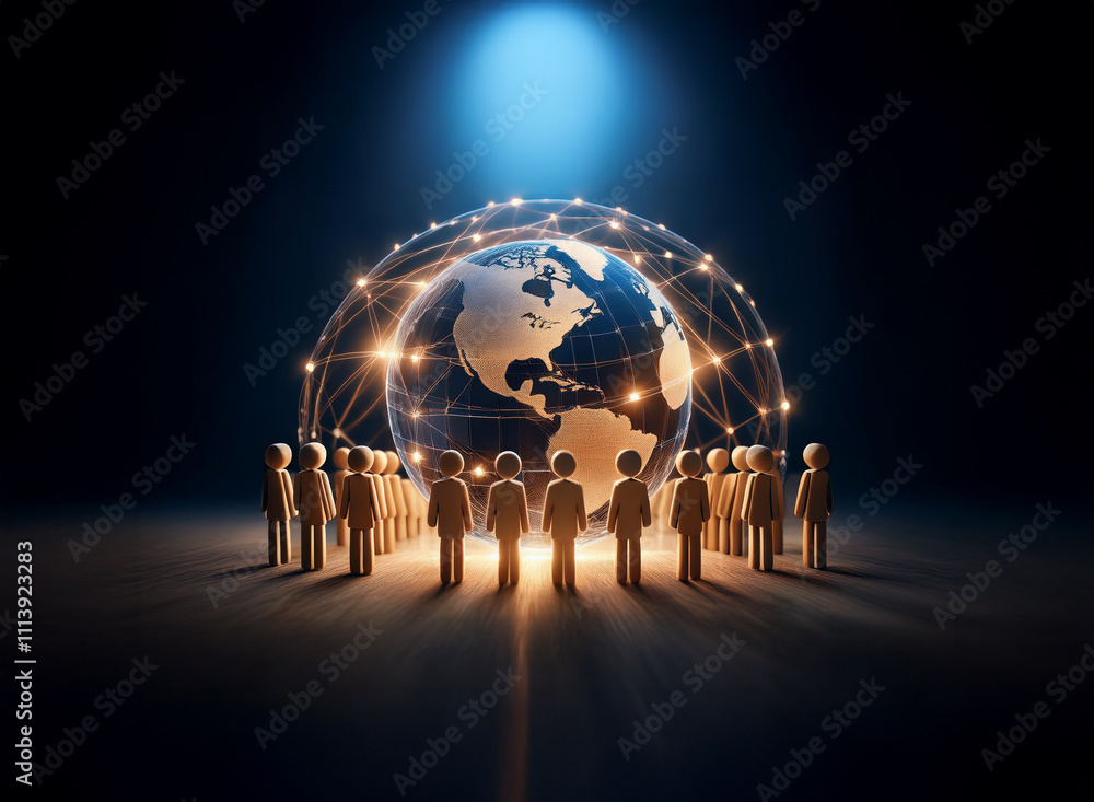Poster A glowing earth encircled by a network, surrounded by a ring of figures, symbolizes global connection and community.  Illuminated from above, it represents unity and shared experience.