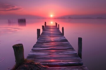 Tranquil Lakeside Sunrise with Wooden Pier and Vibrant Sky Reflections