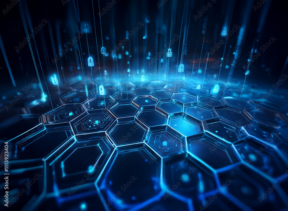 Aufkleber abstract digital illustration of a futuristic, hexagonal network with glowing blue padlock icons fal