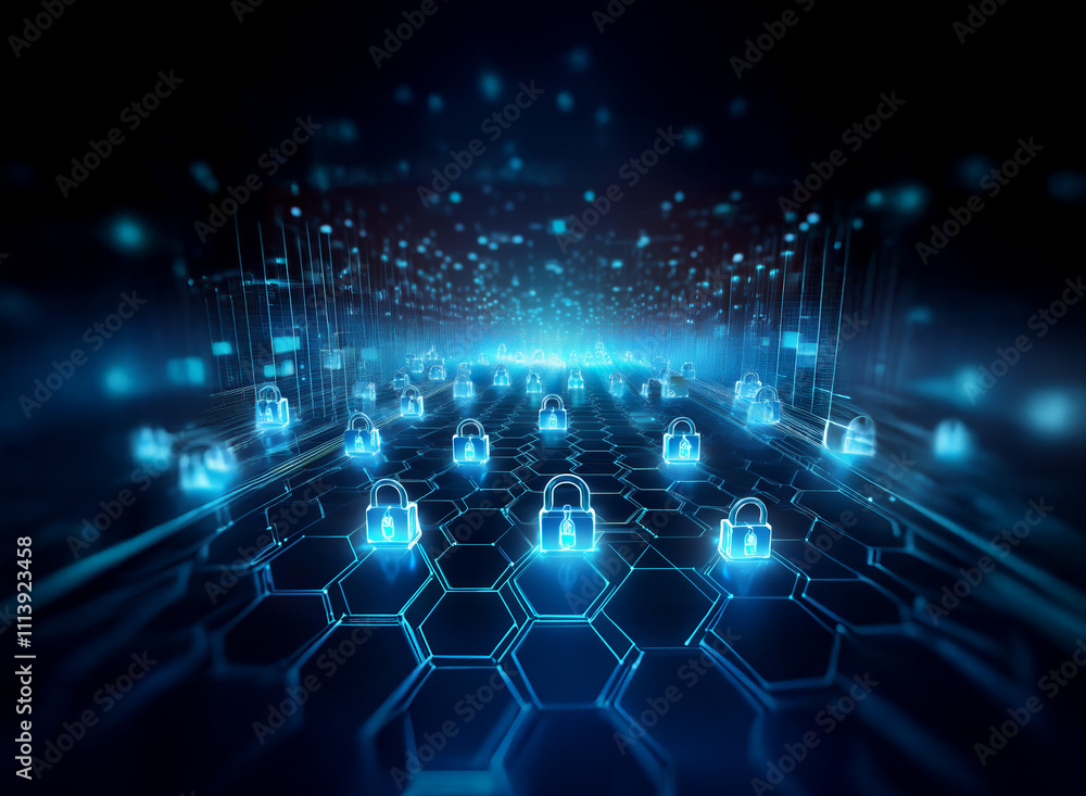 Poster Glowing blue padlocks arranged on a hexagonal grid, a digital security concept.  The image evokes a sense of protection and data encryption.