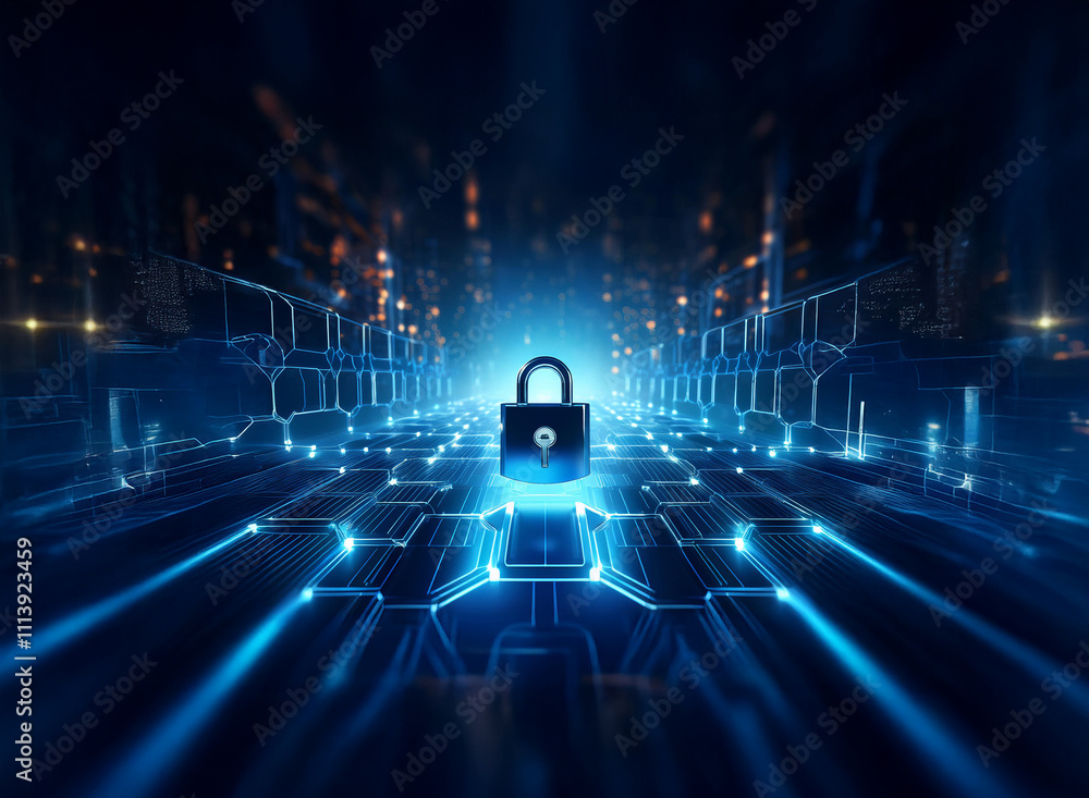 Poster a glowing padlock sits at the center of a digital landscape, symbolizing cybersecurity and data prot