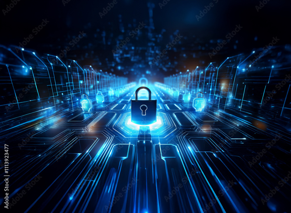 Aufkleber Cybersecurity concept: A glowing padlock sits at the center of a digital highway, surrounded by data points, symbolizing data protection and secure network infrastructure.