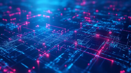 Obraz premium Futuristic Abstract Digital Network Background with Blue and Pink Neon Light Patterns and Connectivity Nodes