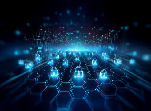 Glowing blue padlocks arranged on a hexagonal grid, a digital security concept.  The image evokes a sense of protection and data encryption.