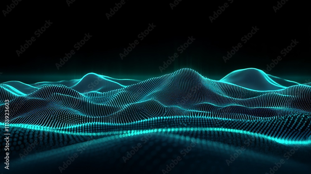 Poster futuristic abstract digital terrain with waves and glowing lines in dark background