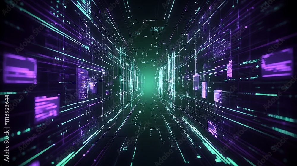 Poster futuristic abstract digital tunnel of bright neon colors with moving data elements and light rays