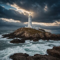 A white lighthouse on a rocky coastline, its beacon shining under a dramatic sky.