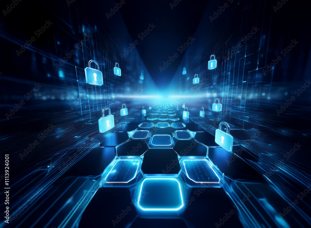 Poster abstract digital landscape of glowing blue hexagons and floating padlocks, symbolizing cybersecurity