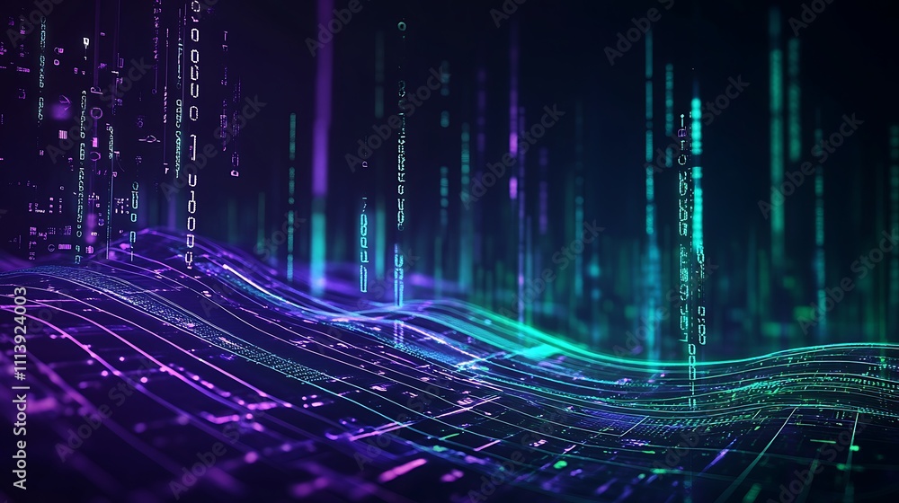 Poster futuristic abstract digital wave with binary code flowing in vibrant colors of purple and green ligh