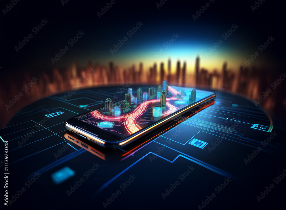 Poster a futuristic city map displayed on a smartphone, showcasing advanced navigation and urban planning t