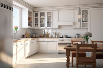 Beige home kitchen interior with bar counter and cabinet, hardwood floor. Luxury furniture and kitchenware with fridge. Plant and panoramic window on Bangkok skyscrapers. 3D rendering
