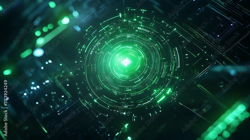 Poster futuristic abstract green technology background with geometric patterns and digital elements