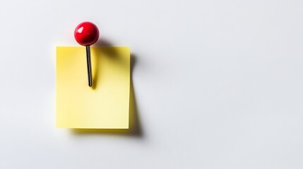 A yellow sticky note with a red push pin on a white background.