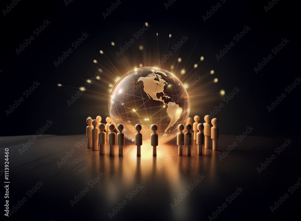 Poster a glowing earth encircled by small figures, symbolizing global connection and community. light strea