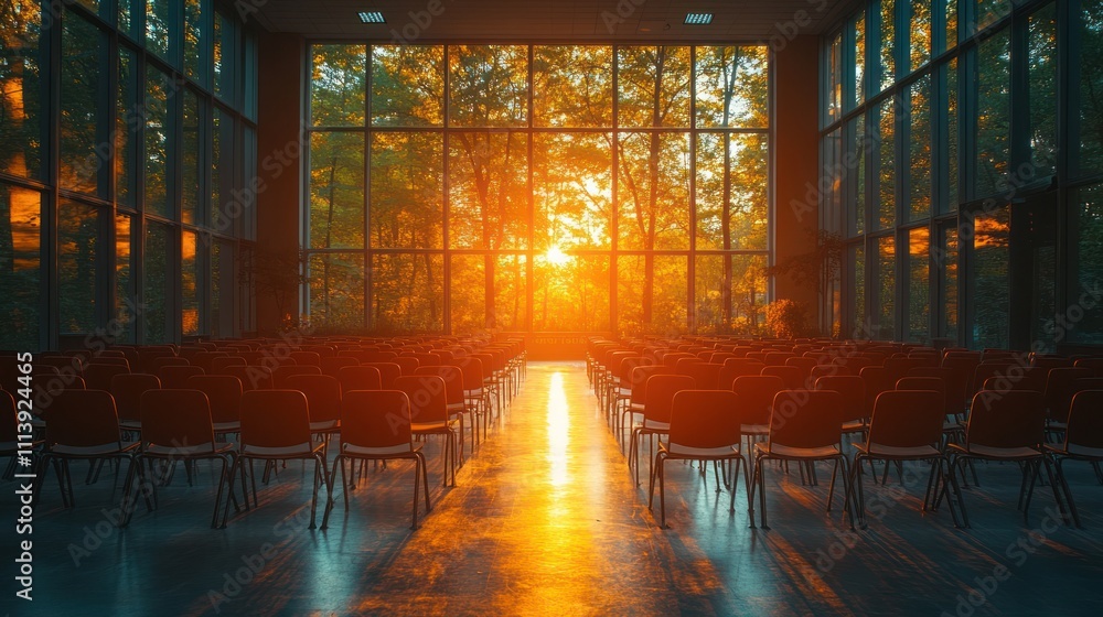 Poster sunlit auditorium with rows of empty chairs.