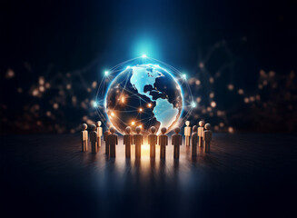Glowing digital earth encircled by connected figures, symbolizing global network and community.  Illuminated nodes represent interconnectedness and worldwide communication.