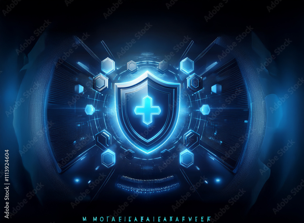 Aufkleber a glowing, metallic shield with a cross at its center is encircled by a futuristic, hexagonal tech i