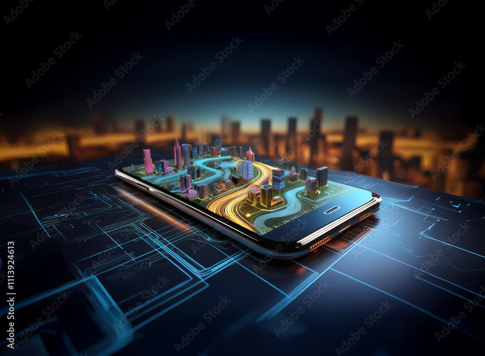 Poster a futuristic city model displayed on a smartphone screen, resting on a digital interface. the backdr