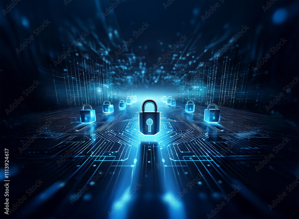 Poster abstract digital art depicting a network of glowing blue circuit boards with multiple padlocks, symb