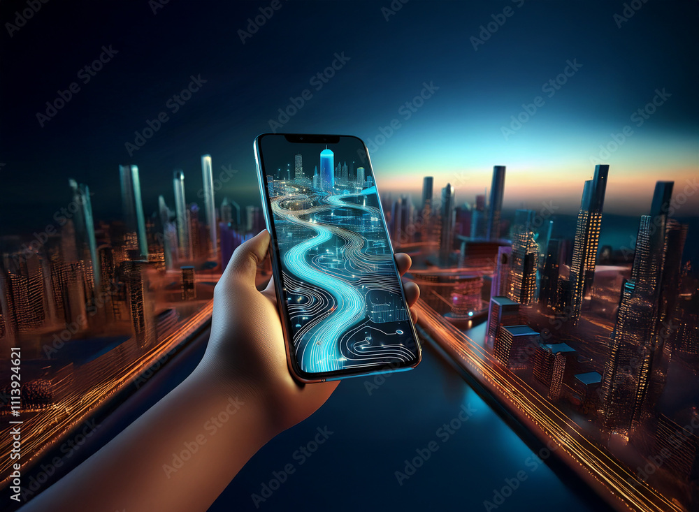 Poster a hand holds a smartphone displaying a futuristic city map at night. the glowing interface shows a d