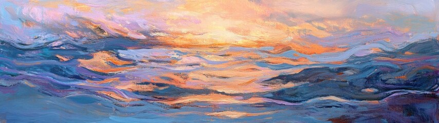 A vibrant abstract seascape at sunset, showcasing dynamic colors and fluid brushstrokes.