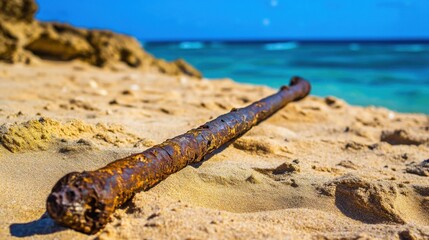 Ancient harpoon resting on sandy beach, partially buried with weathered wooden handle and rusted metal tip, evoking historical maritime heritage and archaeological significance.