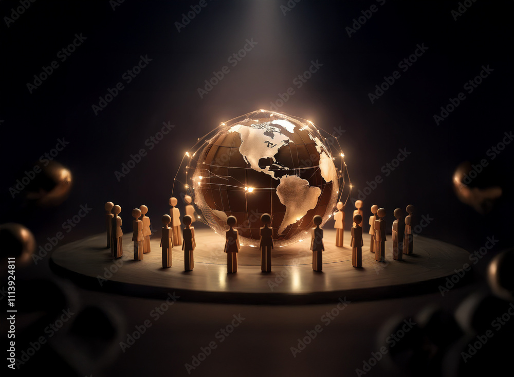 Aufkleber A glowing earth encircled by a network, surrounded by small figures on a dark platform, illuminated by a spotlight.  This symbolizes global connection and unity.