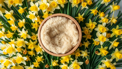 Newborn Digital Backdrop. Daffodil flowers Themes for Newborn. For boys and girls. Background for Newborn. Photography Backdrop. beige fur