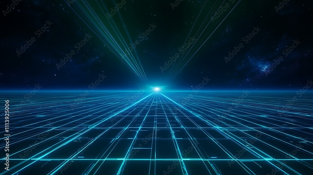 Poster futuristic abstract landscape with grid and light beams in space environment
